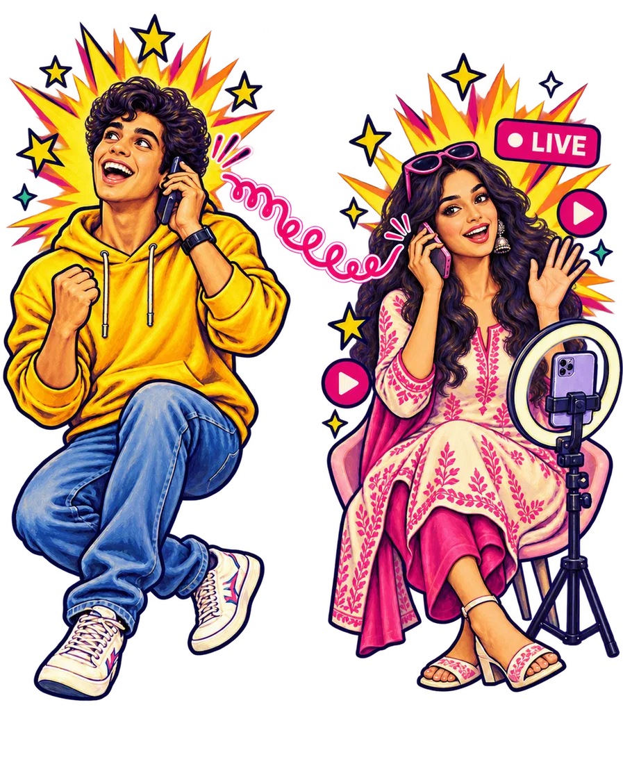 Retro Bollywood poster of a couple on a phone call