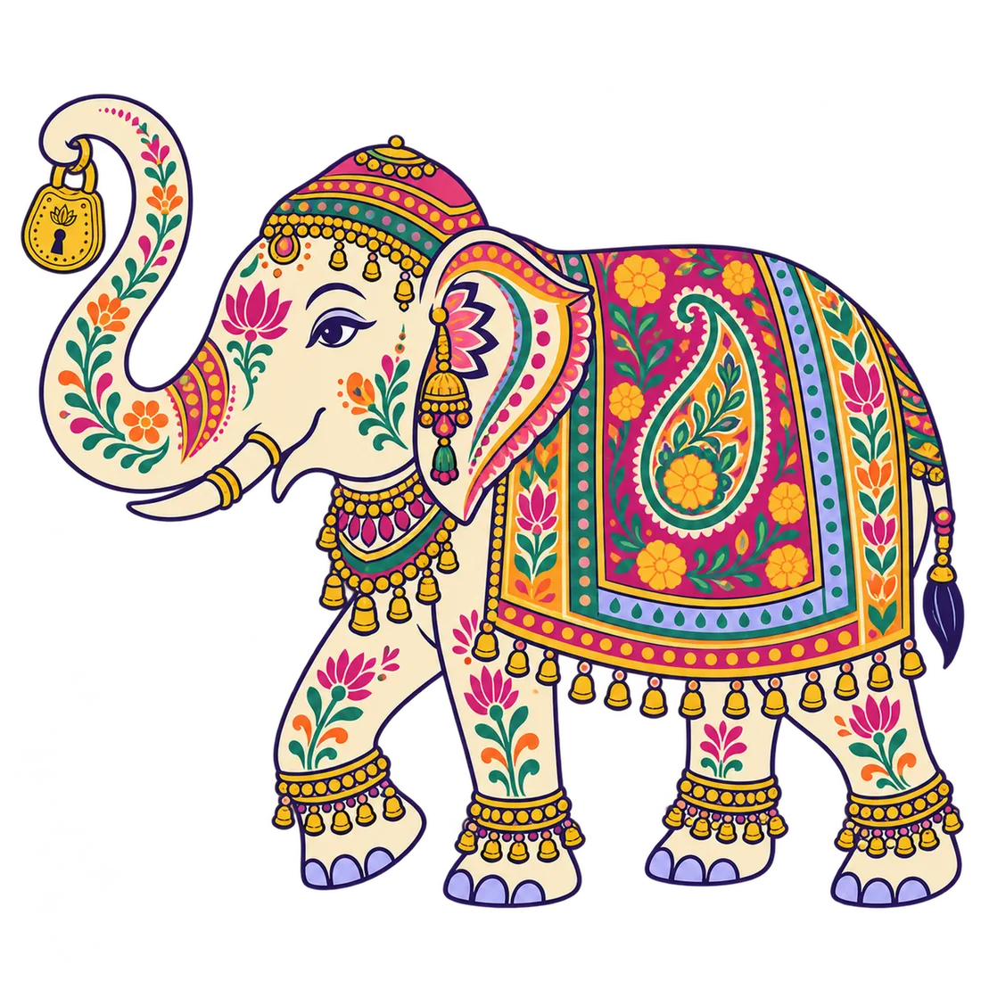 Decorated elephant holding a padlock
