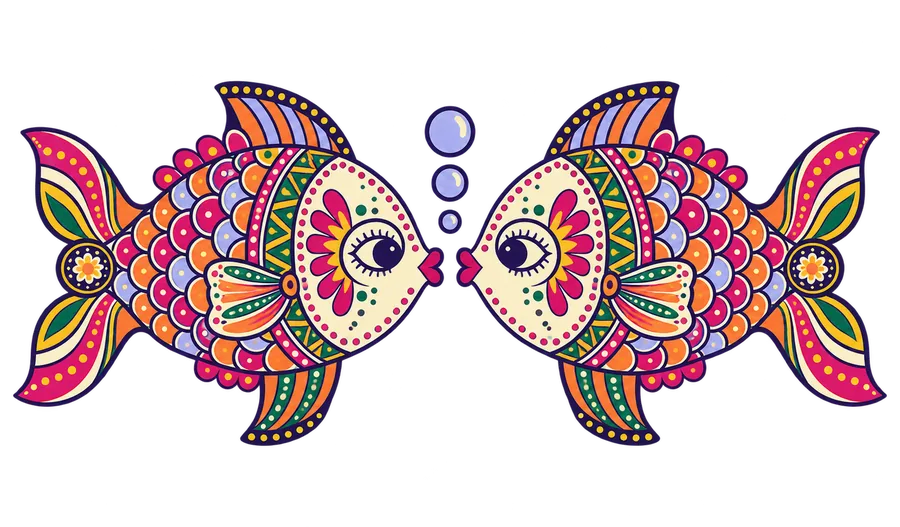 Two Madhubani fish talking to each other