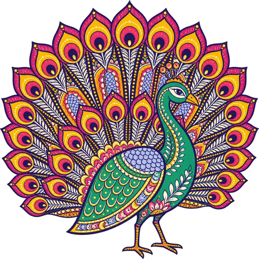 Madhubani-style peacock with its tail fanned out