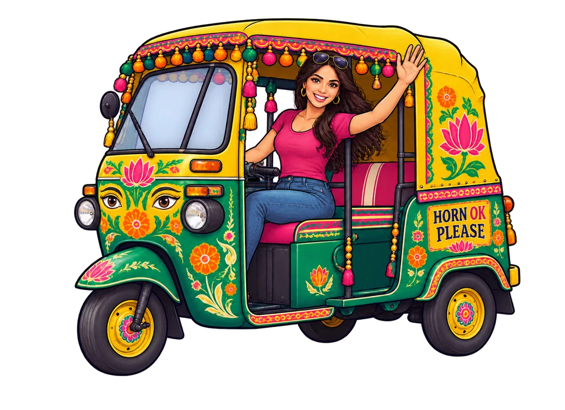 Truck-art auto rickshaw with a smiling woman driver waving