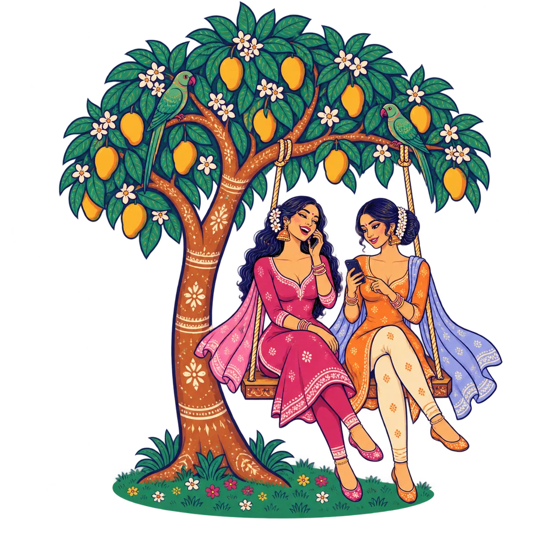 Two women on a swing under a mango tree, one on a phone call