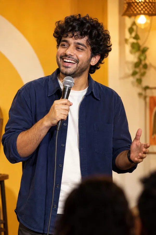 Kabir, comedy creator, on stage with a microphone