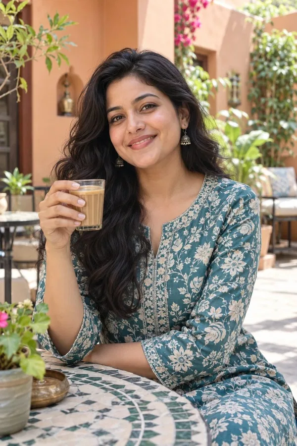 Meera, lifestyle creator, smiling with a cup of chai