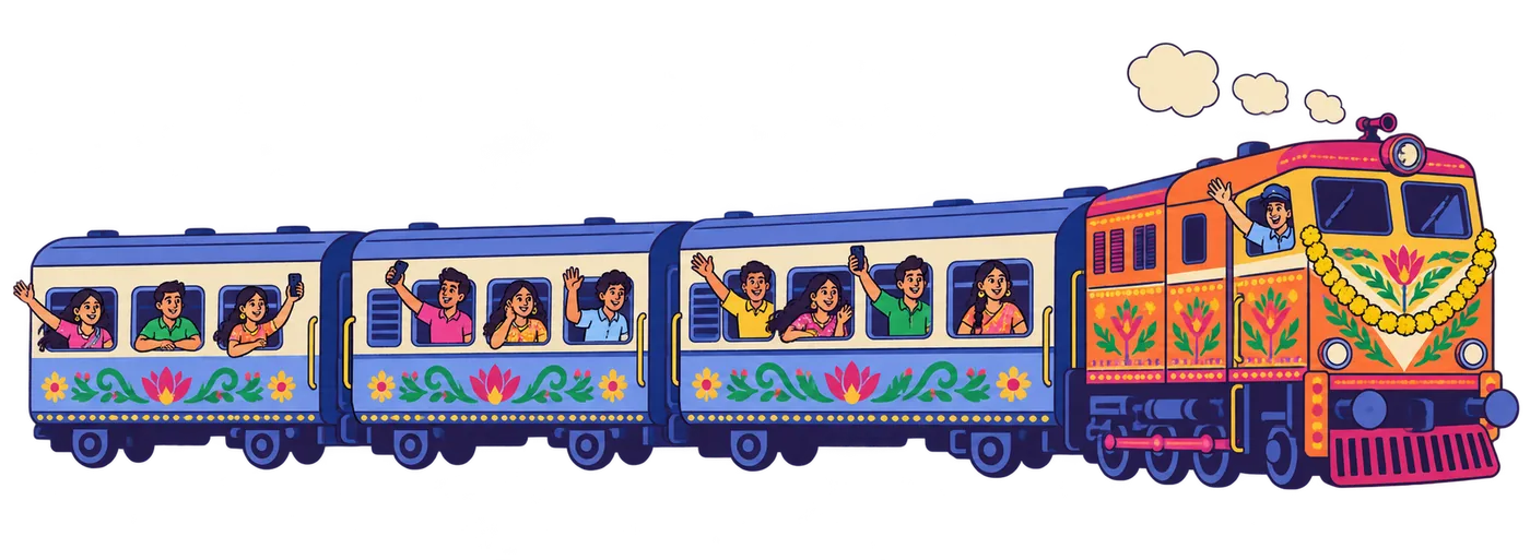 Indian Railways train with creators waving from the windows